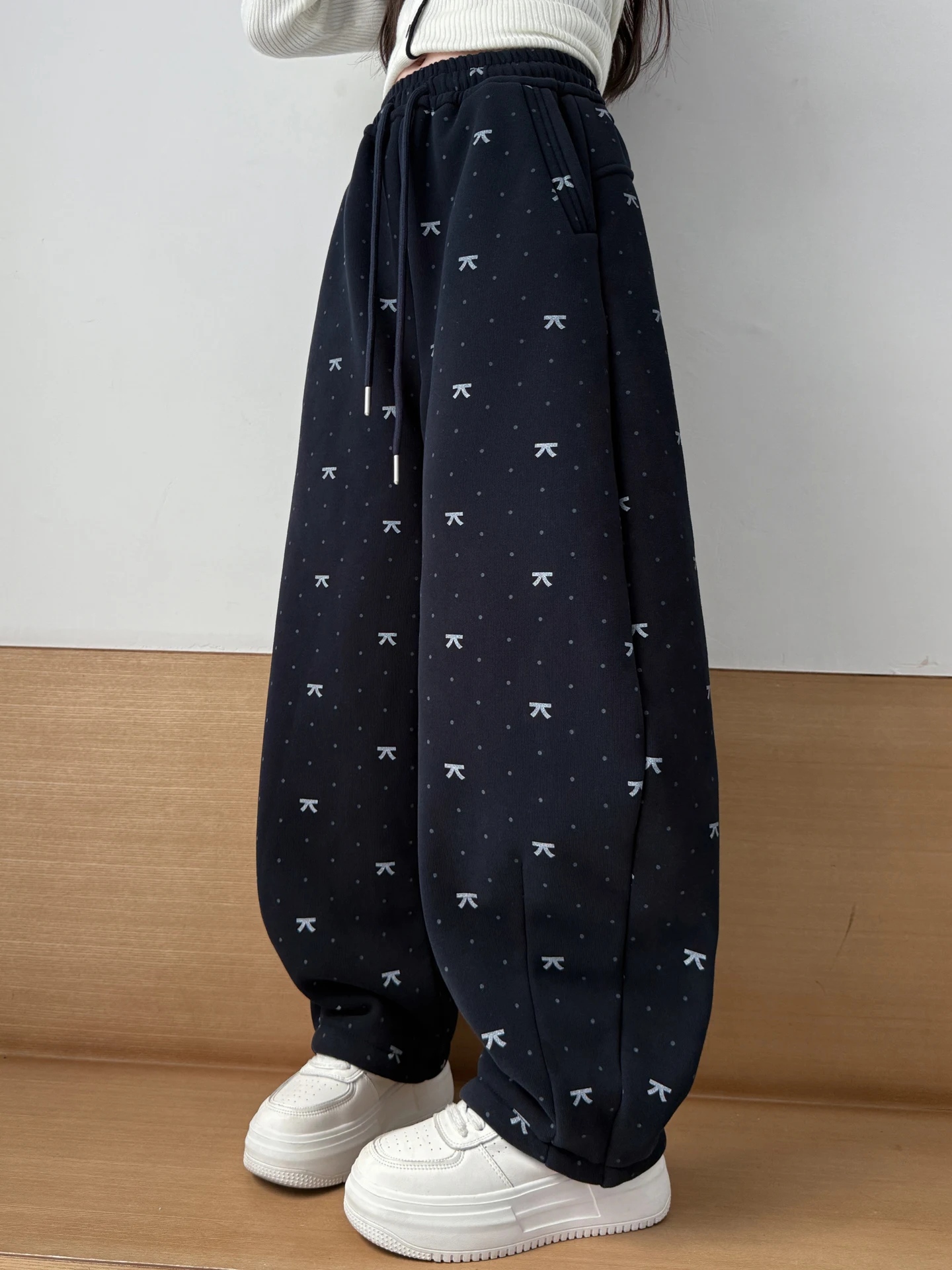 

Girls Fce Lined Thiened Casual Pants Autumn Winter Outfit Children's Bend Knife Pants Long Trousers Knot Strai...