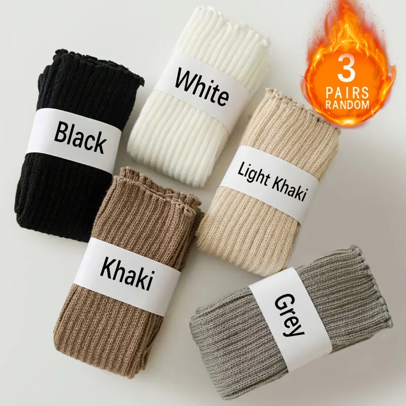 3 أزواج من الجوارب النسائية الخريفية والشتوية سميكة مخططة عمودية عصرية حلوة بلون سادة متعددة الاستخدامات مريحة ودافئة #1