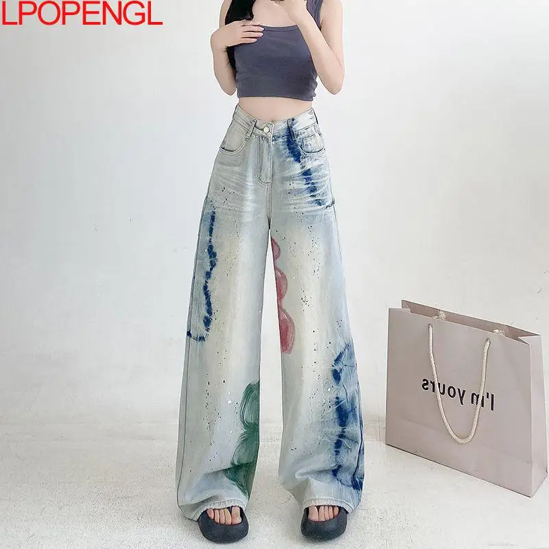 American Painted Graffiti Wide Leg Jeans 2026 Women's Spring And Summer New High Waisted Loose Vintage Gradient Straight Pants