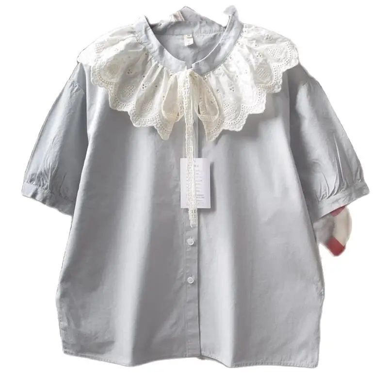 New Summer Cotton Short Sleeve Shirt Stand Ruffled Lace-up Tops Girl Casual Vintage Chic Loose Sweet Blouse 2024 Autumn T46903QC