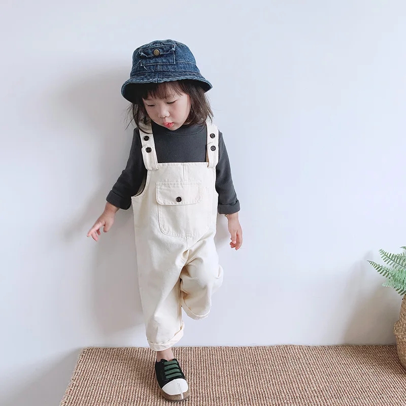 Autumn Children Pocket Denim Overalls Boy Kid Solid Simple Suspender Jumpsuit Girl Baby Loose Casual Pants Infant Cotton Trouser