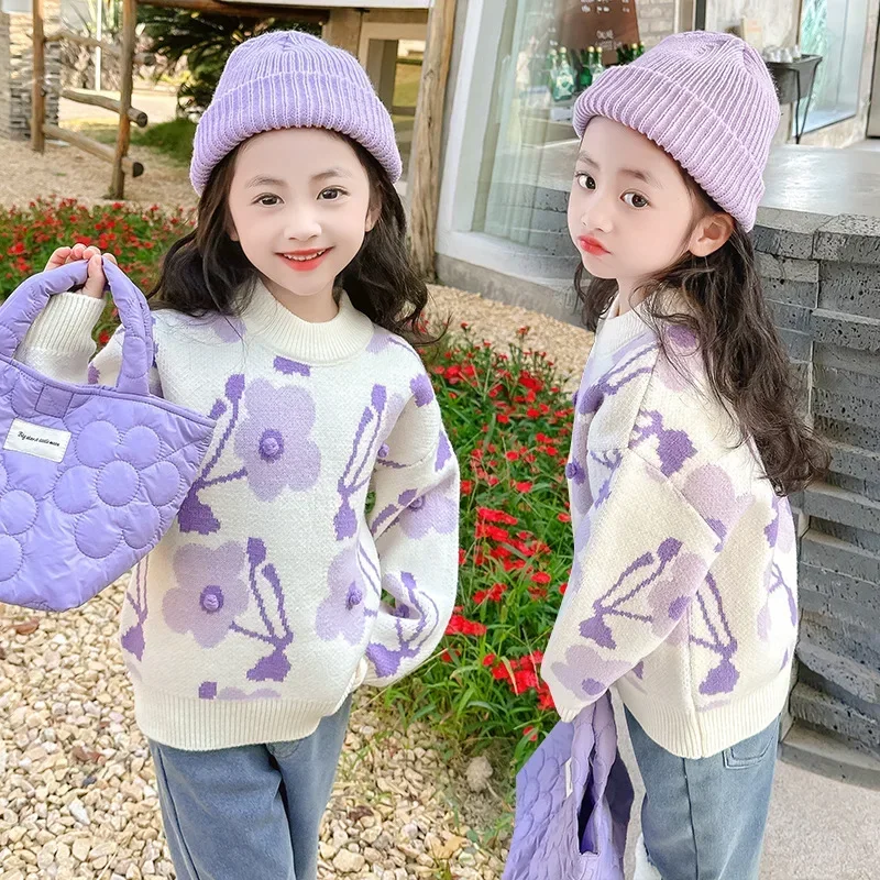 Korean Autumn Winter Junior Girl Sweater Pullover Teenager Girl Flower Knitted Tops Children Girl Warm Knitwears Undershirt