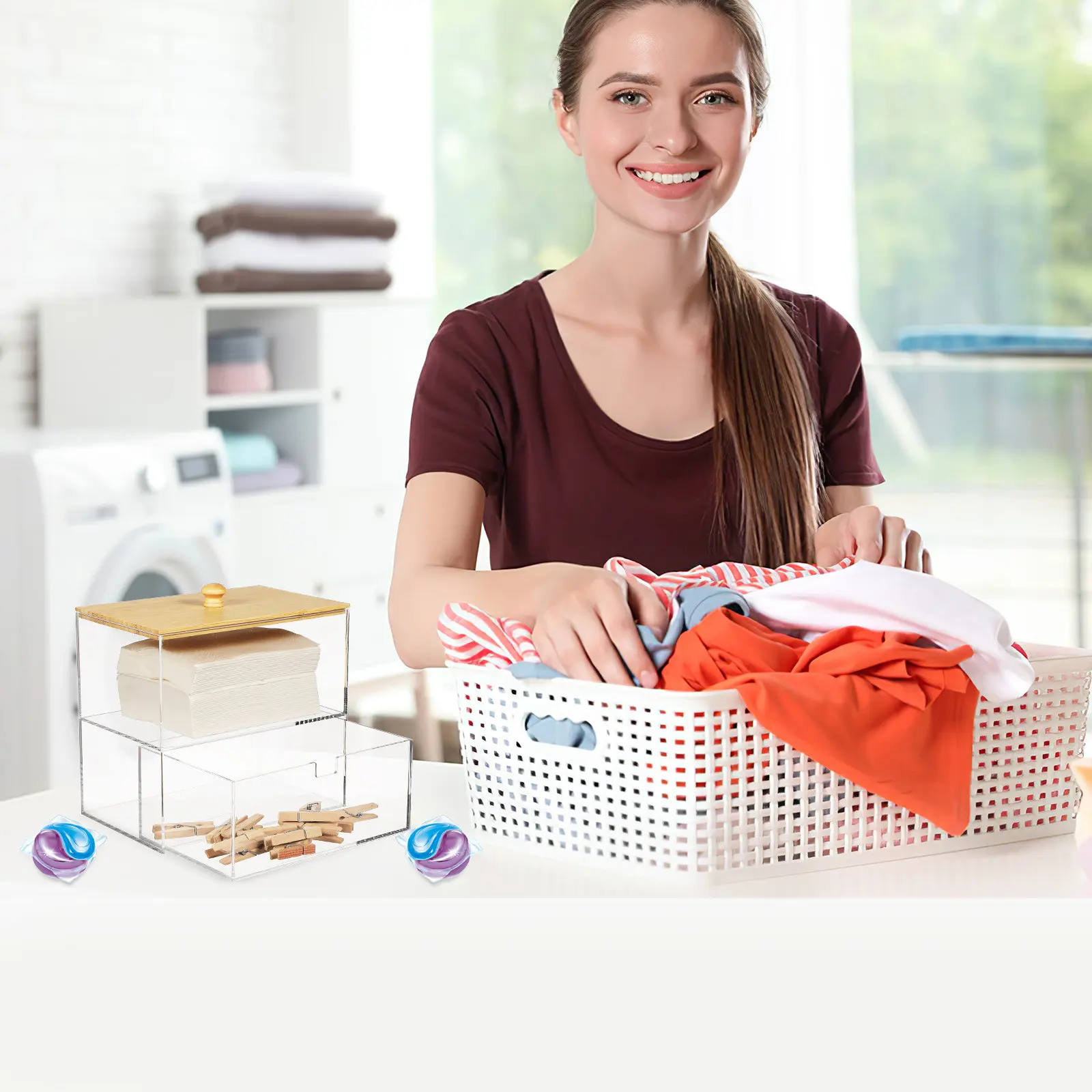 

Laundry Pod Box with Transparent Design Double Layer Storage for Dryer Sheet Holder Clear Container Compact Laundry Room