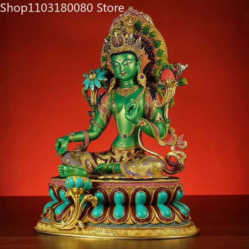 23cm Copper gilding Painting Green Tara buddha statue sculpture