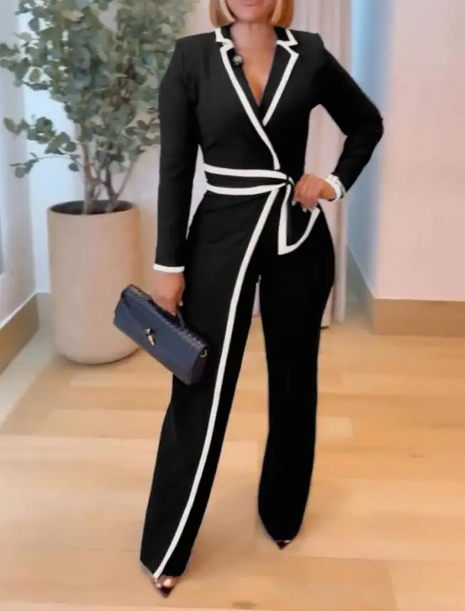 Jumpsuit Women 2025 New Notched Collar Long Sleeve Button Front Jumpsuit Casual Cinched Waist Wide Leg Faux Two-Piece Jumpsuit