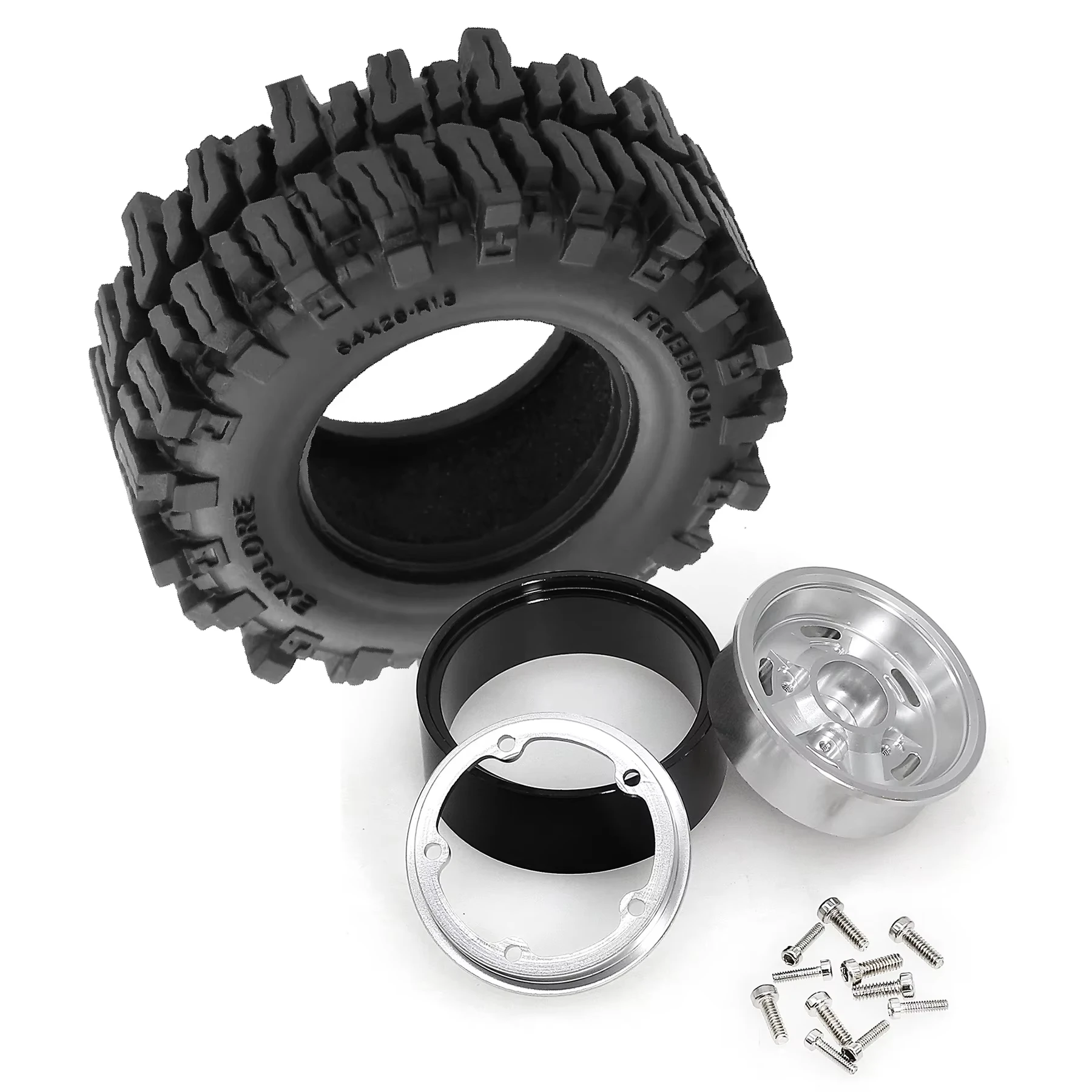 4Pcs 1.3 Inch 64mm Mini RC Crawler Rubber Tires & Metal Beadlock Rims for 1/24 Axial SCX24 1/18 Traxxas Off-Road RC Car Accessor