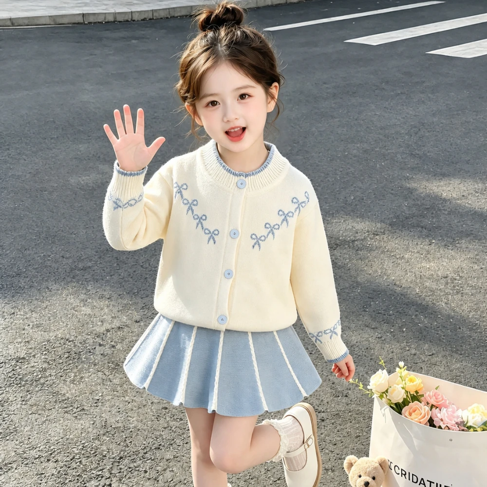 Korean Version Pink Sweet and Cute Bow Embroidered Knitted Cardigan+pleated Skirt Two-piece Set for Girls Aged 2-6 in Autumn