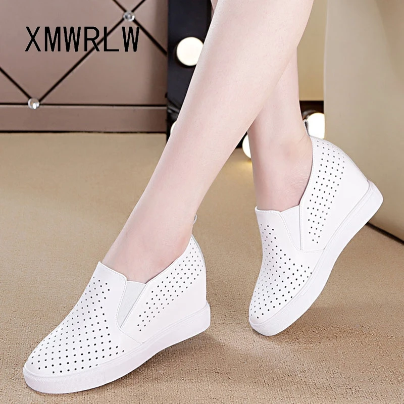 Image of XMWRLW 2025, Frühling Herbst Frauen Schuhe Weiße Turnschuhe Echtes Leder Slip auf Weibliche Frauen High Heels Herbst Casual Schuhe Sneaker