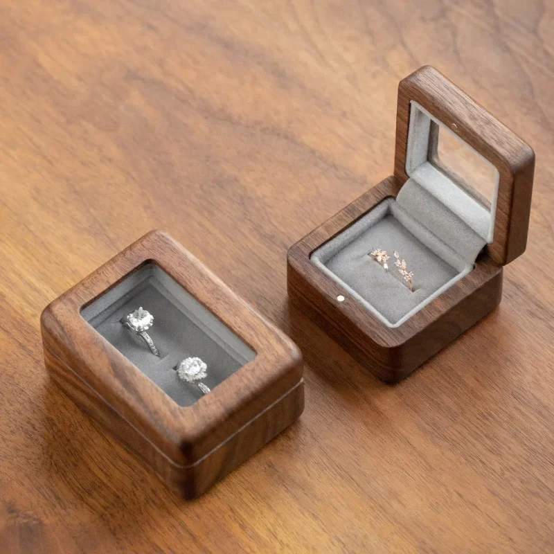 Mini Portable Walnut Wood Ring Box,Single/Double Slot Ring Case with Clear Window,Compact Jewelry Holder for Travel & Daily Use