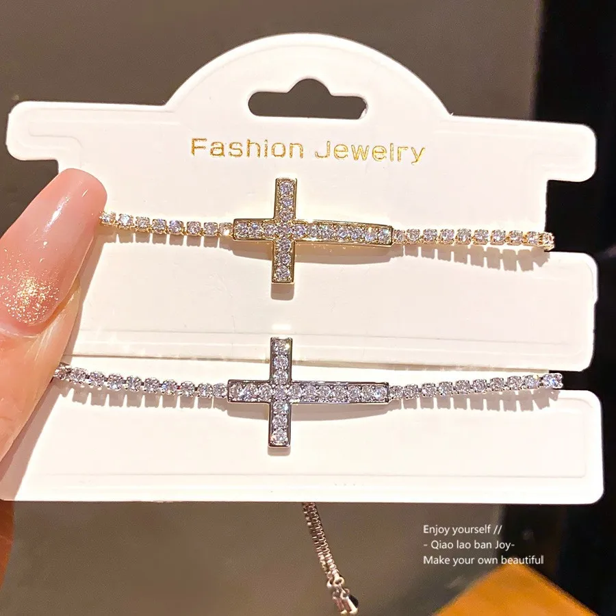 Gold Silver Plated CZ Cross Tennis Bracelet Adjustable Full Paved Rhinestone Sideways Cross Chain Bracelet Women Fashion Jewelry
