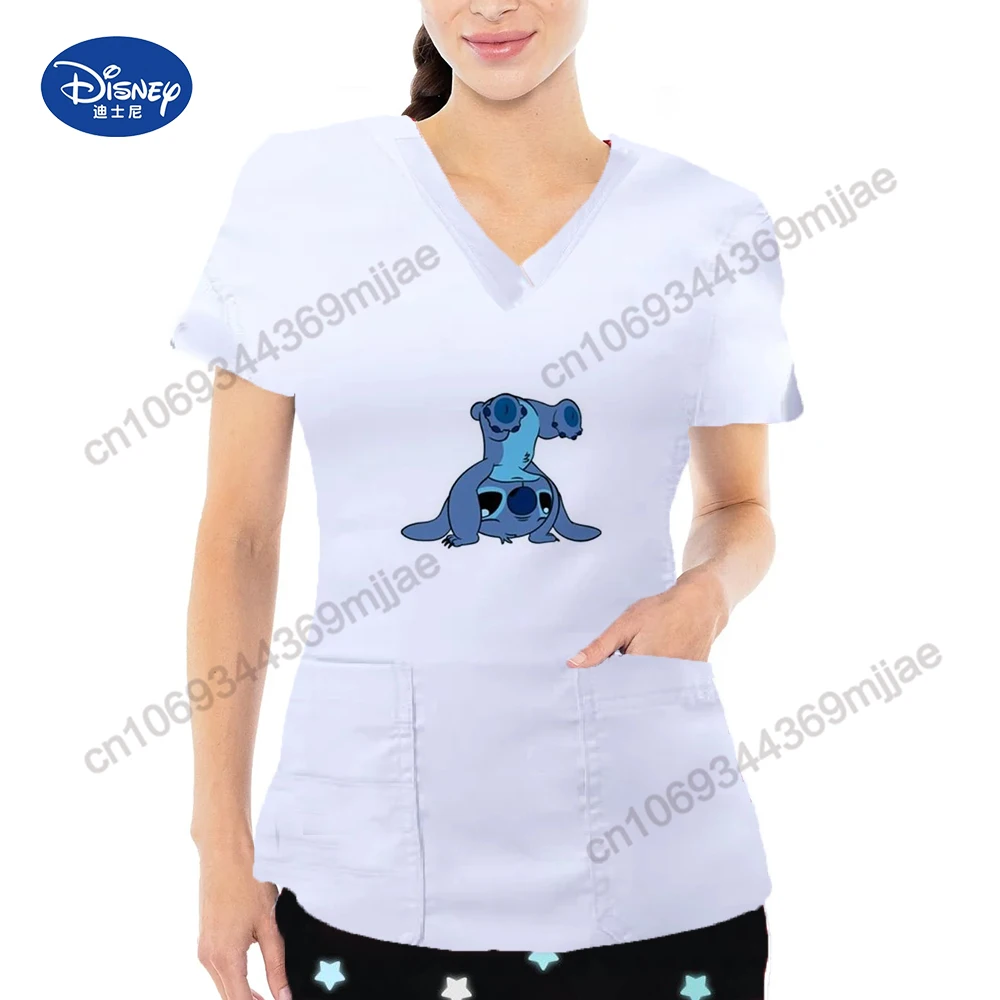 Summer Casual Women's T-shirts Two-Pocket Design Cartoon Pattern Female Clothes Free Shipping V-neck Short Sleeves Top for Women image 2