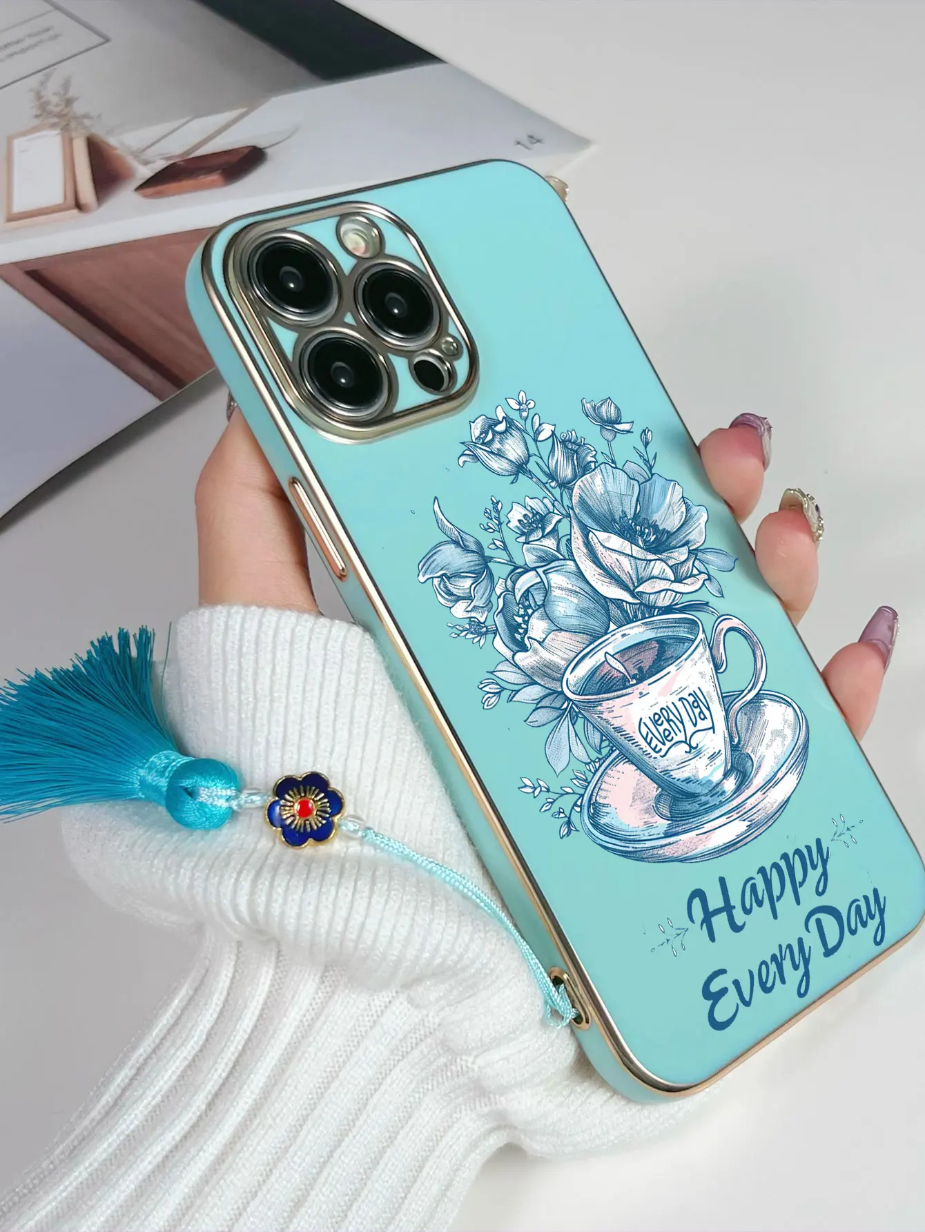 Luxo chapeamento xícara de café flor padrão borla cordão caso telefone para iphone 17 16 15 14 plus 13 12 11 pro max capa fundas