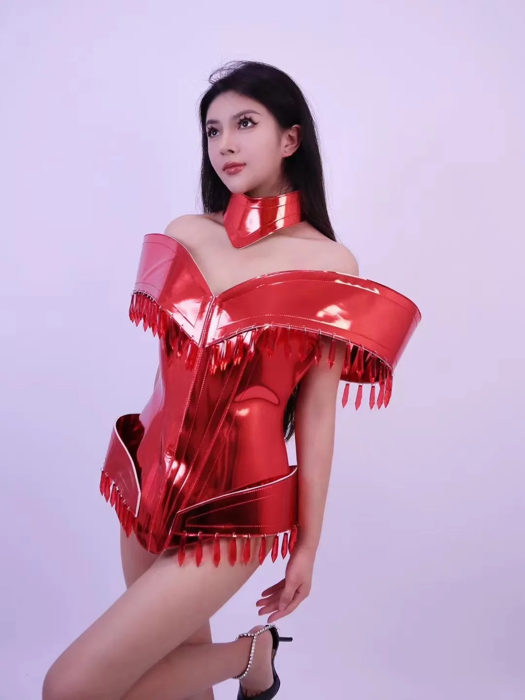 Red Latent Leather New Year Dress For Girl Dance Evening Party drag costume gogo sexy festival show Birthday Special Ocassion