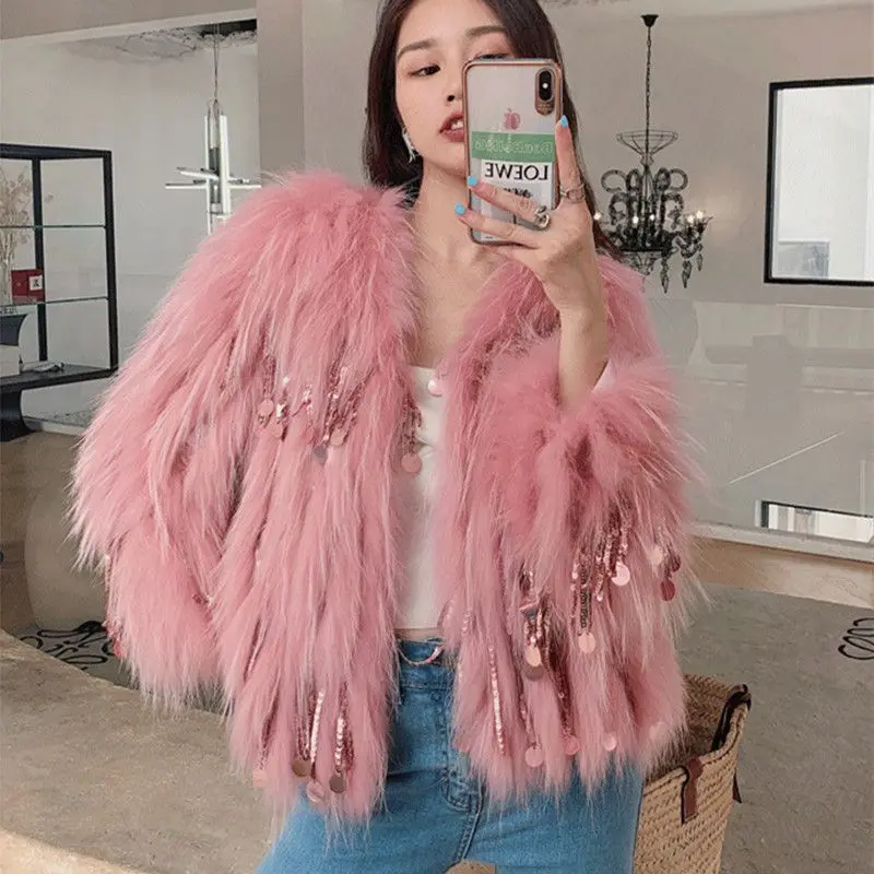 

Luxury Women Faux Fox Fur Sequined Tassels Coat Winter Imitation Raccoon Plush Long Hair Beaded Fringed Bomber Jacket Crop Tops