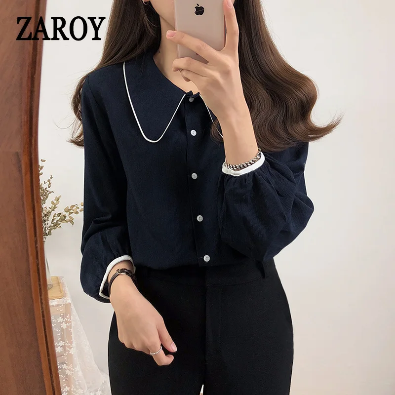 Autumn Vintage Women Shirt Elegant Turn Down Collar Woman Blouse Blue Long Sleeve Ladies Shirts Tops Blusas