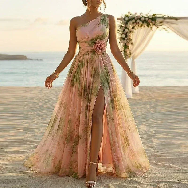 Women Bohemian One Shoulder Slit Maxi Dress Floral Print Pleated High Waist 3D Flower Summer Dress