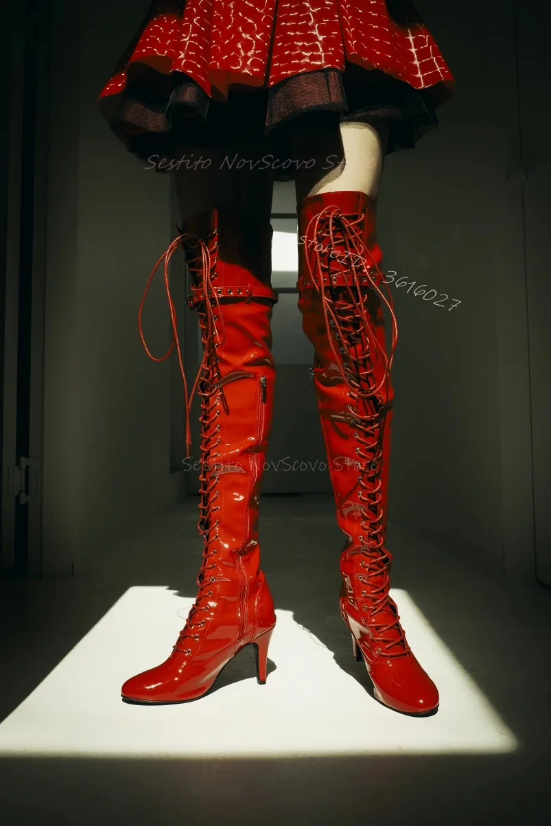 Red Patent Leather Pointed Toe Thigh High Boots Stiletto Heels Lace Up Belt Buckle Decor Sexy Ladies Summer Dancing Comfort Shoe