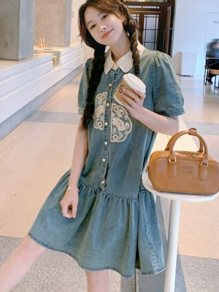 New Women Clothing 2024 Summer Slim Female Vestidos POLO Collar Embroidery Dress Retro Denim Loose Puff Sleeve Mid length Skirt