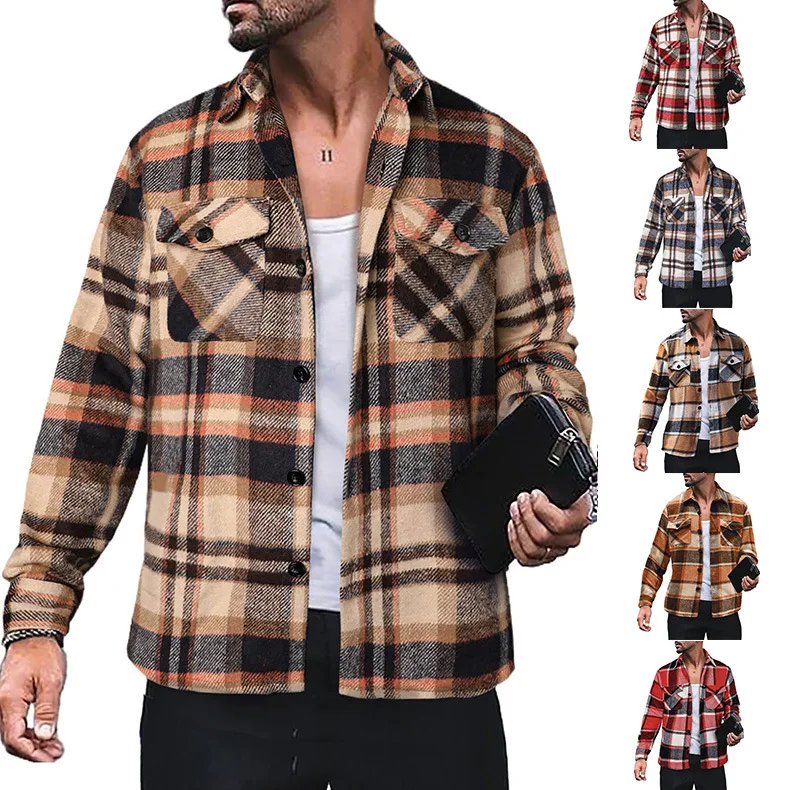 

TRAF Europe and America Spring and Autumn New Men's Plaid Print Long Sleeve Shirts Casual Top Shirt Men