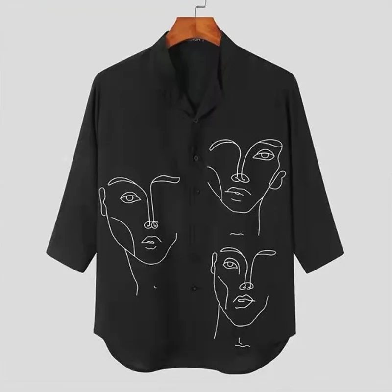 Human Face Pattern Shirt Top Three Quarter Sleeve Casual Shirt Black and White Fashionable Young People Street Clothing Summer