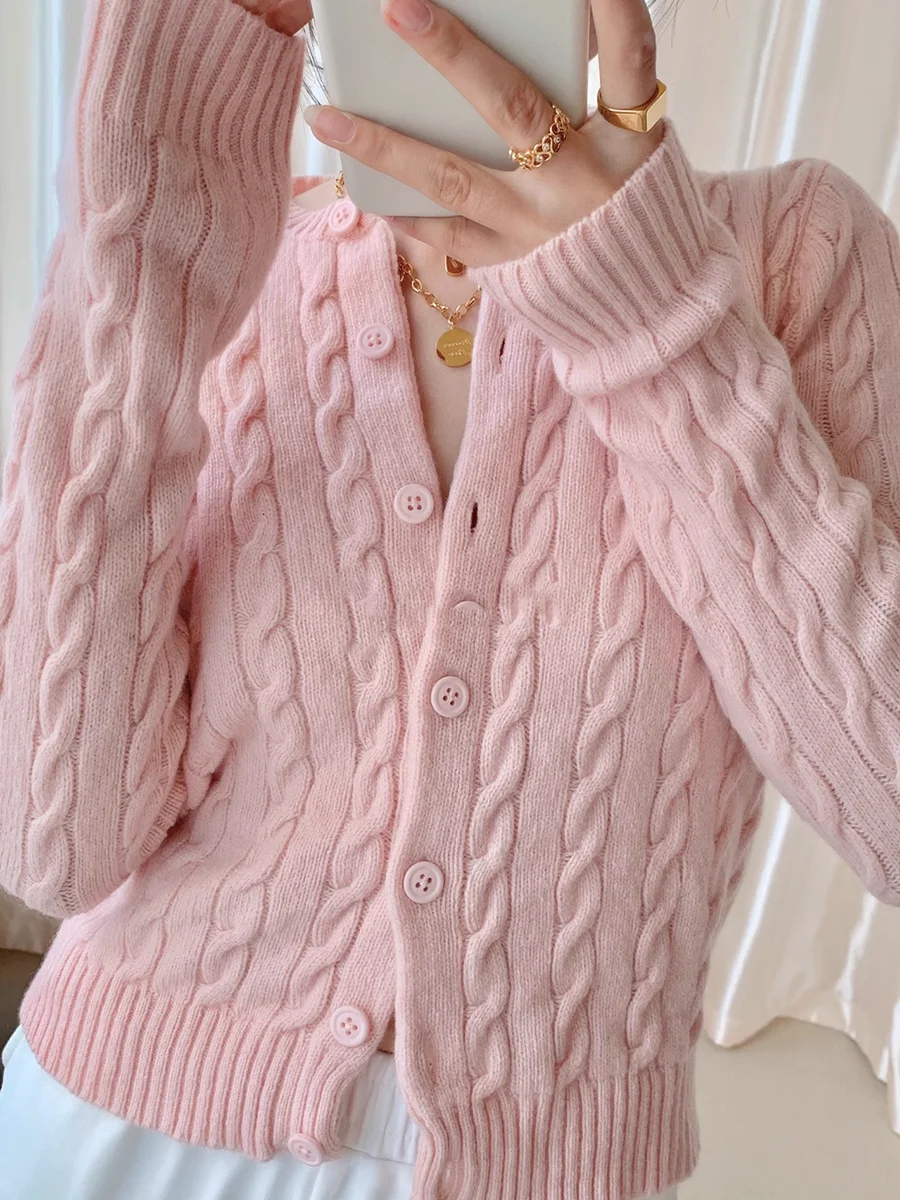 Twisted Flower Pink Cute Cardigan Sweater Woman O-Neck Long Sleeve Single Breasted Cotton Outerwear Autumn Casual Loose Sweaters