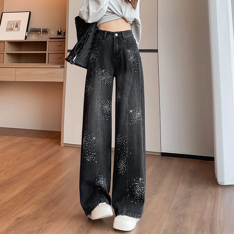 KSTUN Women's Rhinestone Wide Leg Jeans High Waist Black Loose Denim Pants American Vintage Streetwear Y2K Patchwork Trousers