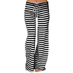 Impressão sleep bottom feminino algodão calça longa casa pijamas macio deslizamento calças de verão cordão tamanho grande sexy listra casual tamanho grande