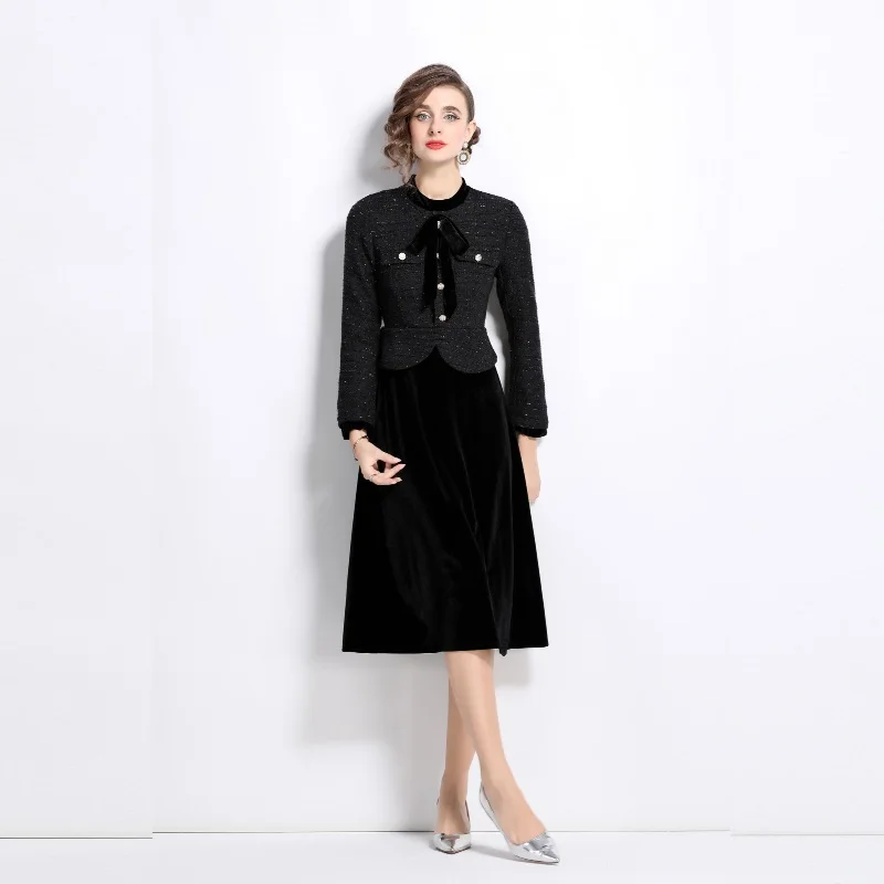 2024 Runway Autumn Winter Tweed Patchwork Velvet Midi Dress Elegant Women Long Sleeve Bowknot Fake Two Piece Party Midi Vestidos