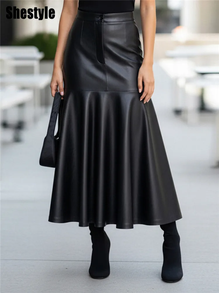 Shestyle plissado linha a couro do plutônio preto saia longa para o inverno sólido zíper voar cintura alta senhora do escritório workwear elegante graça