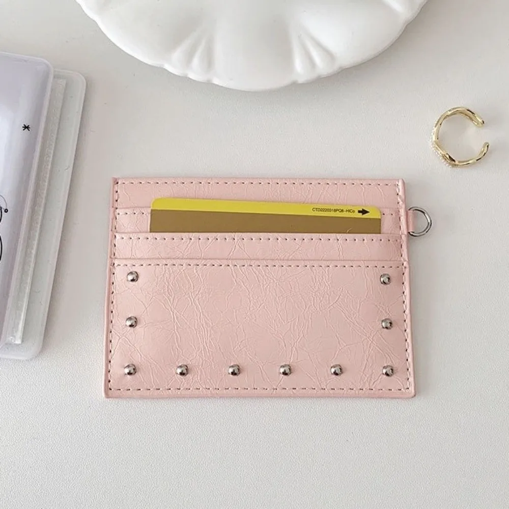 Ultra Thin Cracked Leather Card Wallet Mini Size PU Rivet Card Holder Multiple Slots Solid Color Coin Purse Storage Solution