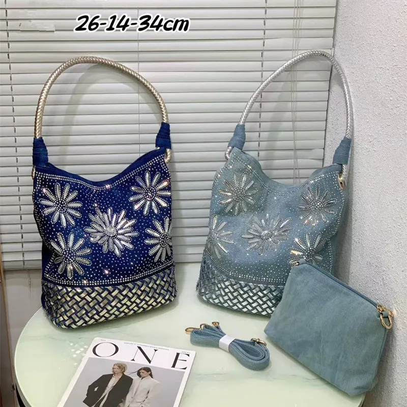 2025 Luxury Design Women Denim Braided Large Capacity Tote Bag Brand Woven 2 in 1 Bucket Handbags Diamond Shoulder Crossbody Bag