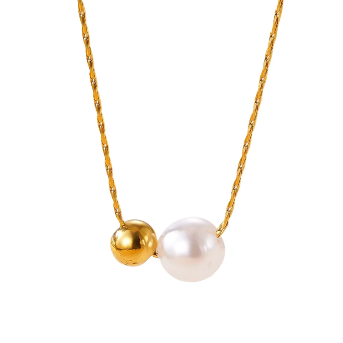 Office lady Plated Stainless Steel Twisted Rope Chain Pearl & Gold double Bead  Pendant Minimalist Daily Dating Accessories