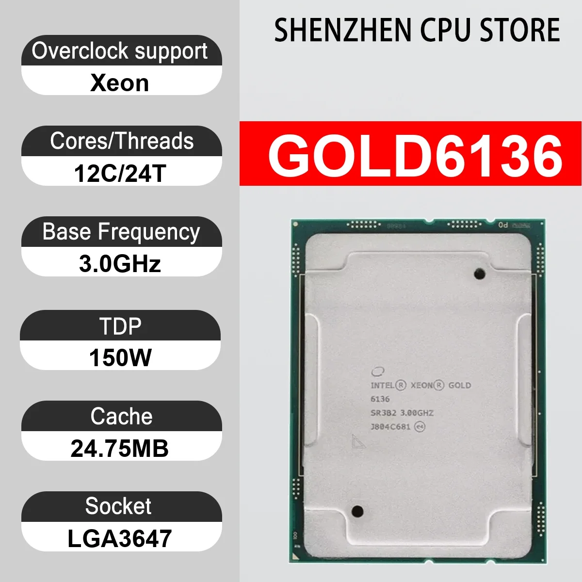 Intel Xeon GOLD6136 12 Core 24 Thread 3.0GHz 150W 24.75MB Cache 14nm LGA3647 SR3B2 DDR4 2666 MHz Skylake SP