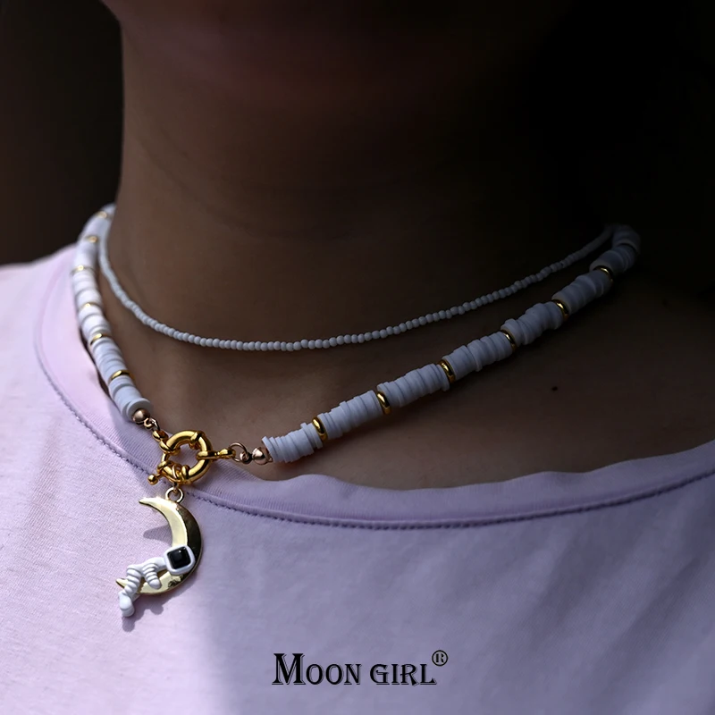 Astronaut Pendant Necklace for Women New Fashion Universe Space Star Clay Seedbeads Choker Necklace MOON GIRL Design