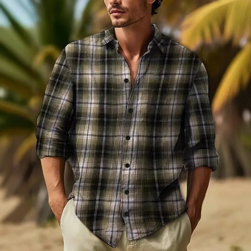 

Мужская повседневная рубашка в клетку из хлопка и льна, длинные рукава, свободный воротник, подходит для всех сезонов, классическая рубашка с длинными рукавами в стиле ретро.