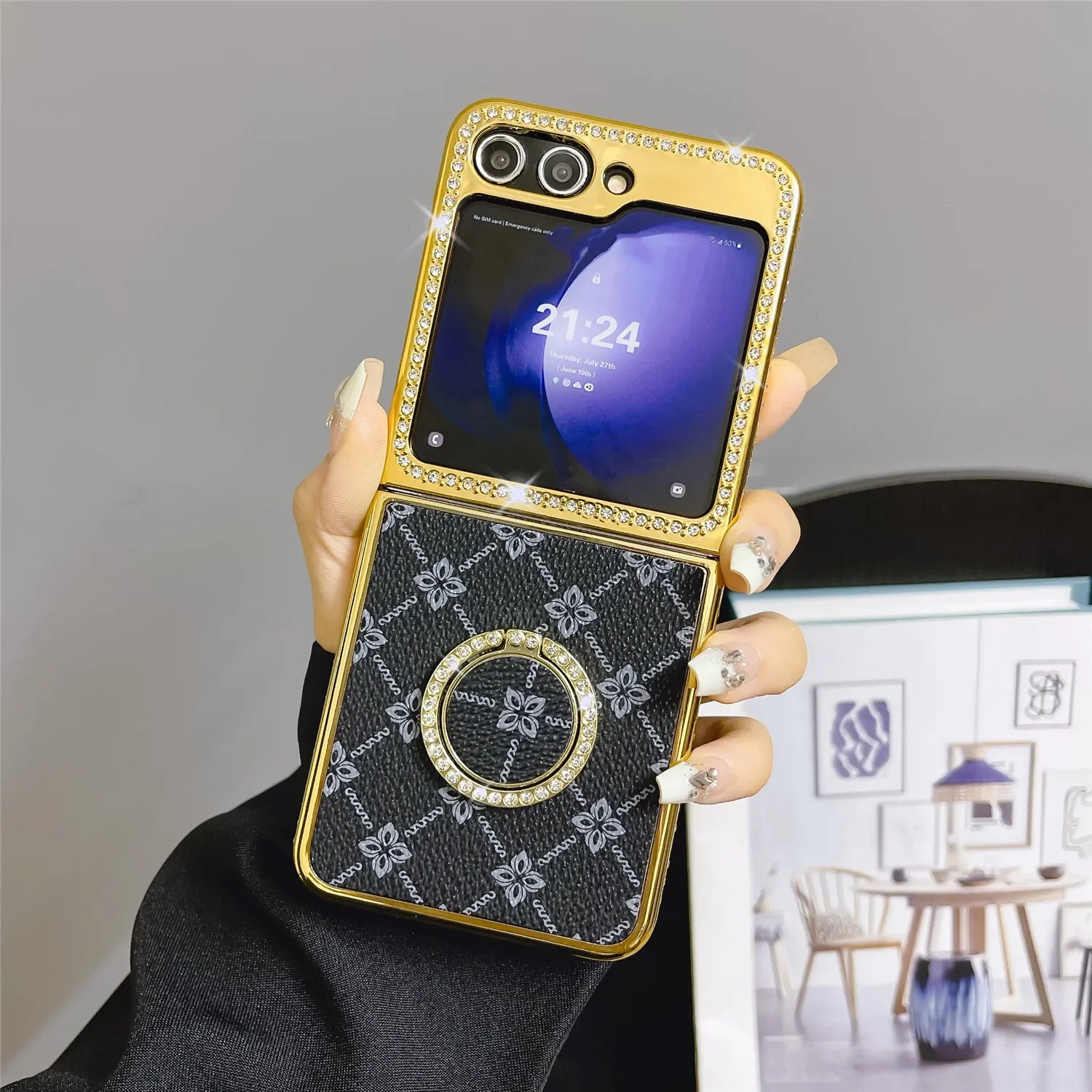 Electroplated Diamond Inlay  Phone Case Samsung Galaxy Z Flip 5 4 3 Flip5 Flip4 Flip3 5G Ring Holder Leather Protective Cover