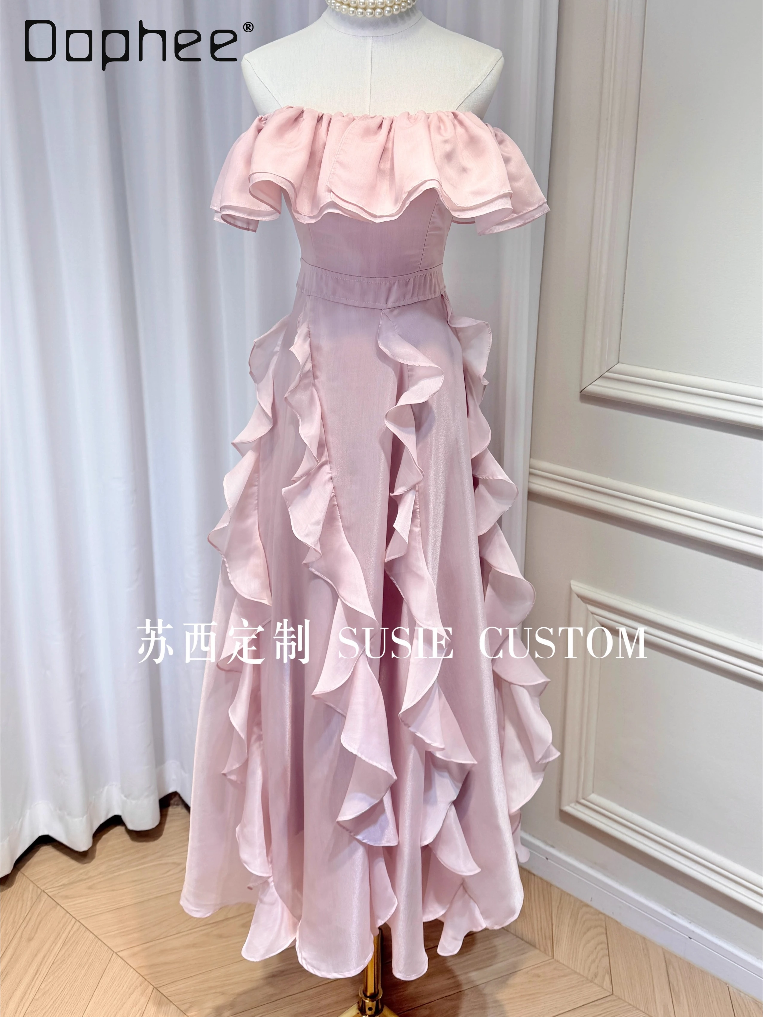 

French Fairy Off Shoulder Ruffle Edge Splicing Cake Dress Summer Sweet High Waist Slim Long Dress Temperament Evening Dresses