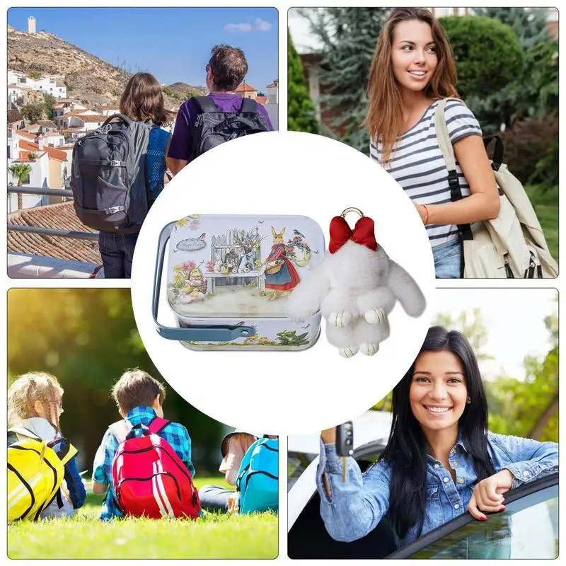 Portachiavi coniglietto pasquale Ciondolo portachiavi morbido con fiocco Ciondolo borsa coniglietto Portachiavi in peluche con scatola di latta Portachiavi carino per