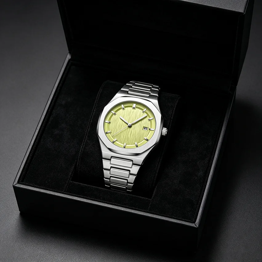 Octagonal Men's Watch Luxury Stainless Steel Lime Green Brushed Dial Luminous Date Fashion Reloj Hombre