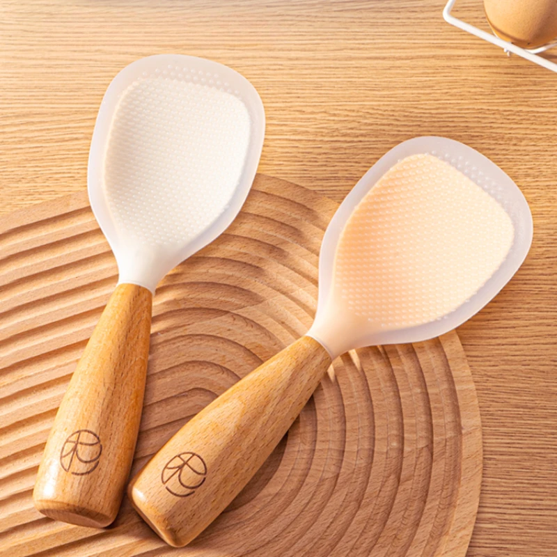 Shanju Vertical Silicone Rice Spoon with Wooden Handle Non-stick Anti-scalding Durable Food Shovel Cooking Durable Kitchen Toods