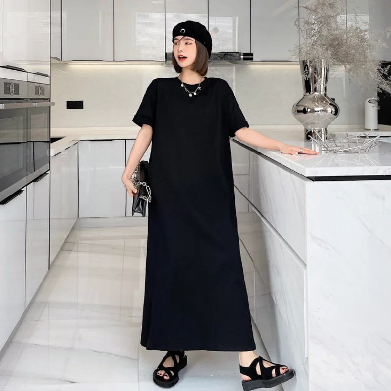 New 2024 Spring Summer Women\'s Dresses Korean Style T-Shirts Dress Black Color Lady Vestido Female Robe Simple Clothing K232