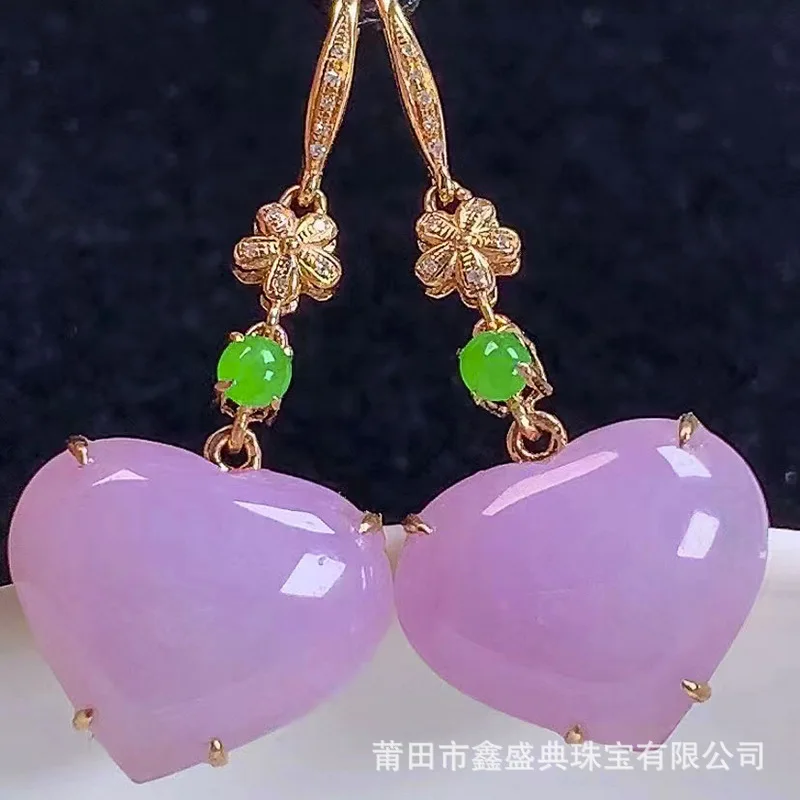 Wholesale Myanmar Natural a-Level 18K Ice Purple Heart Earrings Jade Jewelry with Certificate