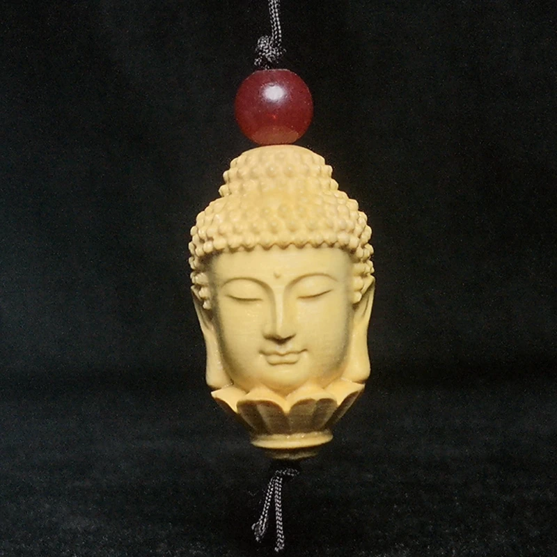 1919 Antique art Size 1.3 Inch Chinese Boxwood Wood Carved Buddhism Buddha Head Statue Necklace Pendant Netsuke gift Collection