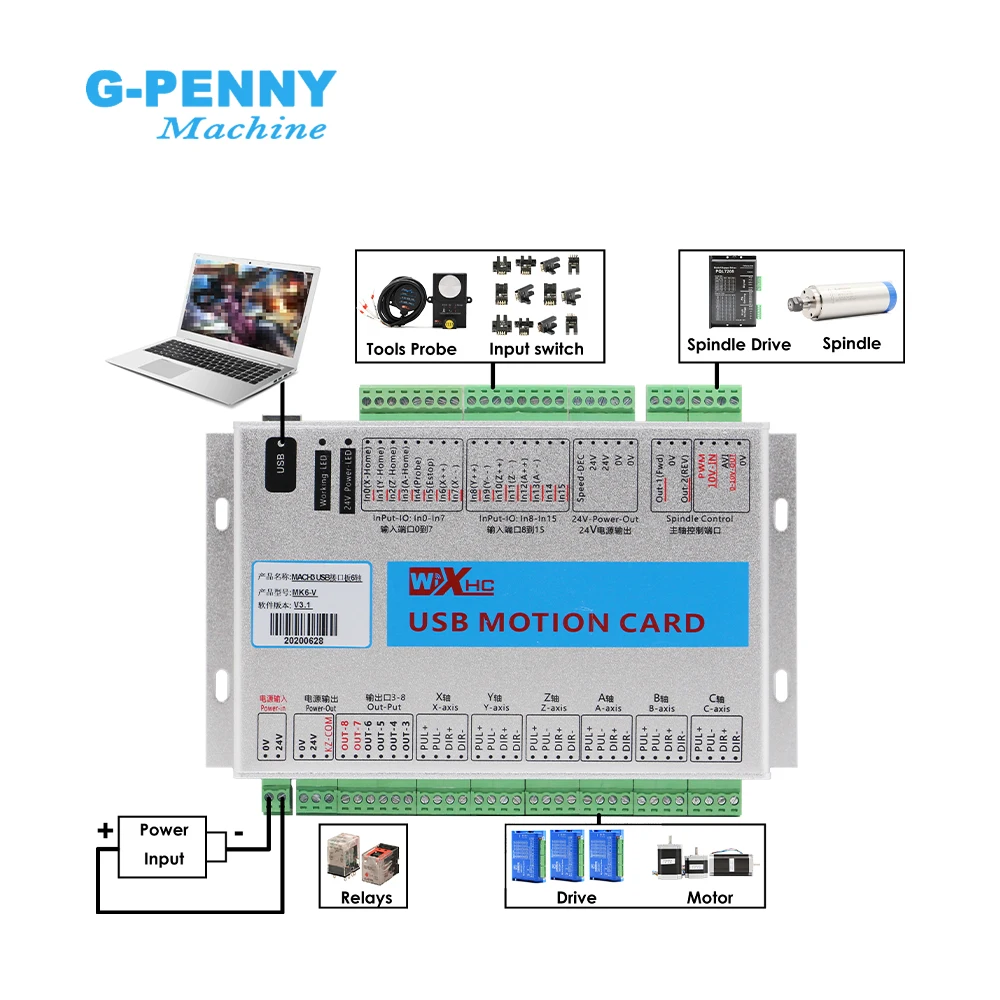 XHC MKX-V 3/4/6 Axis CNC Motion Control Card 2000kHz Mach3 USB Controller Breakout Board MK3-V MK4-V Engraving Cutting Machine