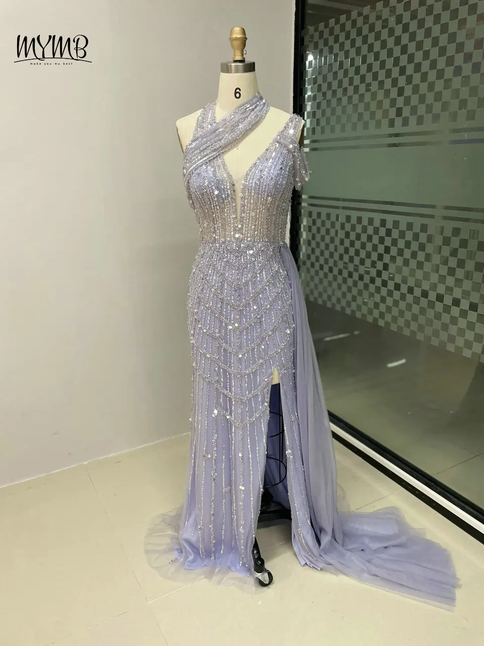 MYMB Lila Rosa Neckholder Meerjungfrau Split Arabische Abendkleider für Frauen Promi Wunderschönes Perlen Schulterfreies Hochzeitskleid – Detail 13