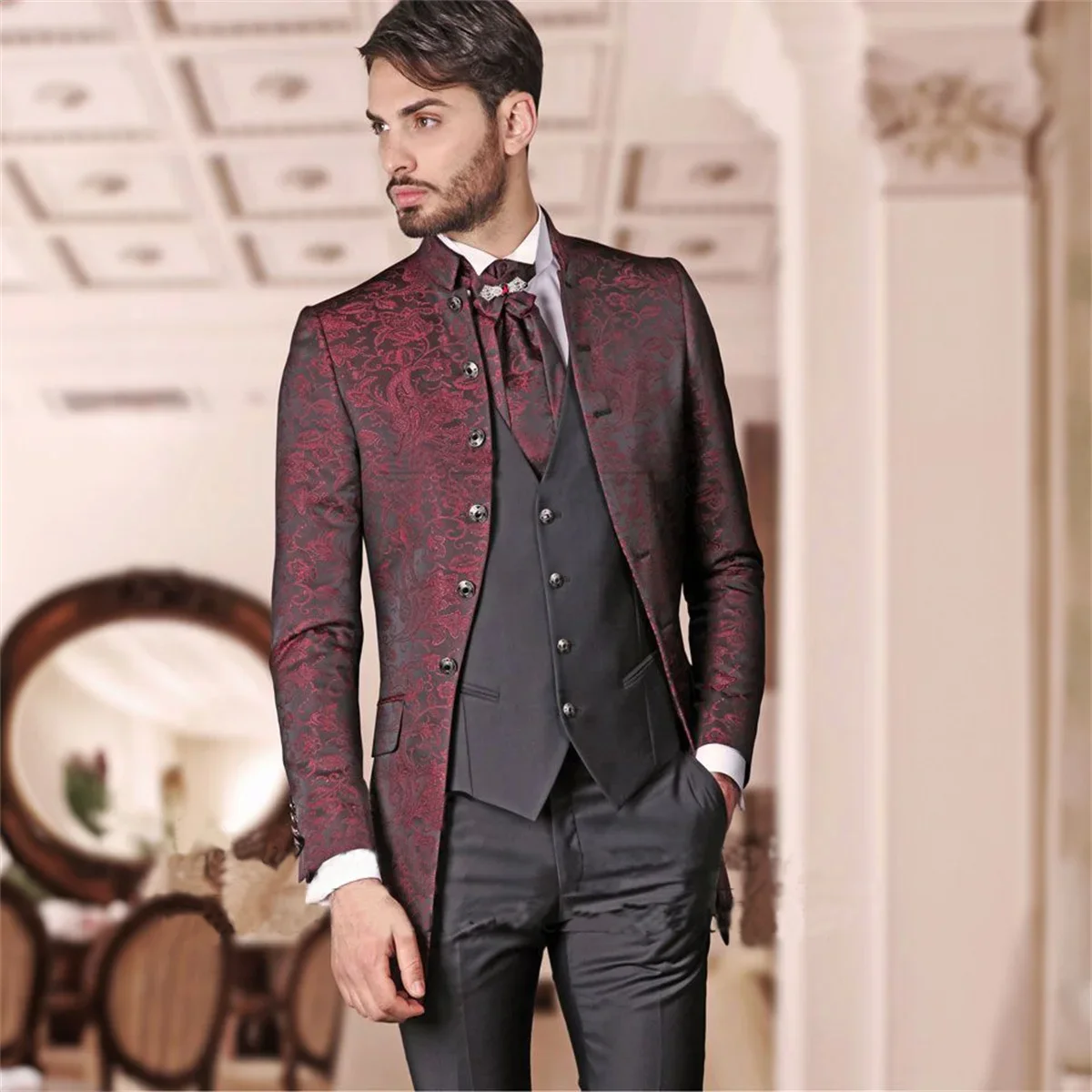 

Fashion Jacquard Wedding Suits For Men Stand Collar Groom Tuxedos 3 Pieces Sets Male Prom Blazers Slim Terno masculinos completo