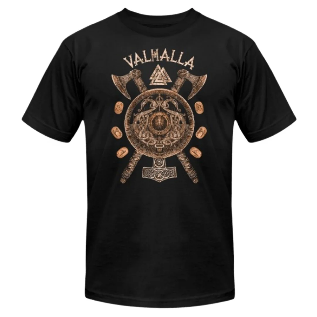 Nordic Warrior Shield Axe Norse Ancient Alphabet Runes Valhalla T-Shirt 100% Cotton O-Neck Short Sleeve Casual Mens T-shirt