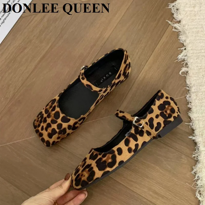 2024 Fashion Leopard Print Flats Ballet Shoes Women Slip On Loafer Square Toe Shallow Mary Janes Ballerina Soft Moccasin Zapatos