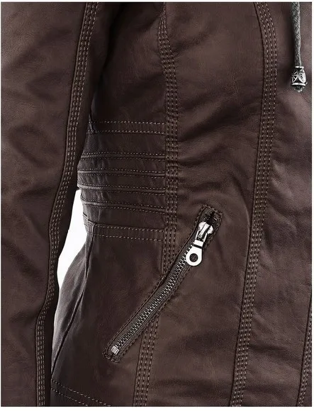 Frauen PU Leder Jacke Front Zipper Volle Hülse Schlanke Taille Mantel Lässig Outwear Herbst Abnehmbare Hut Mit Kapuze