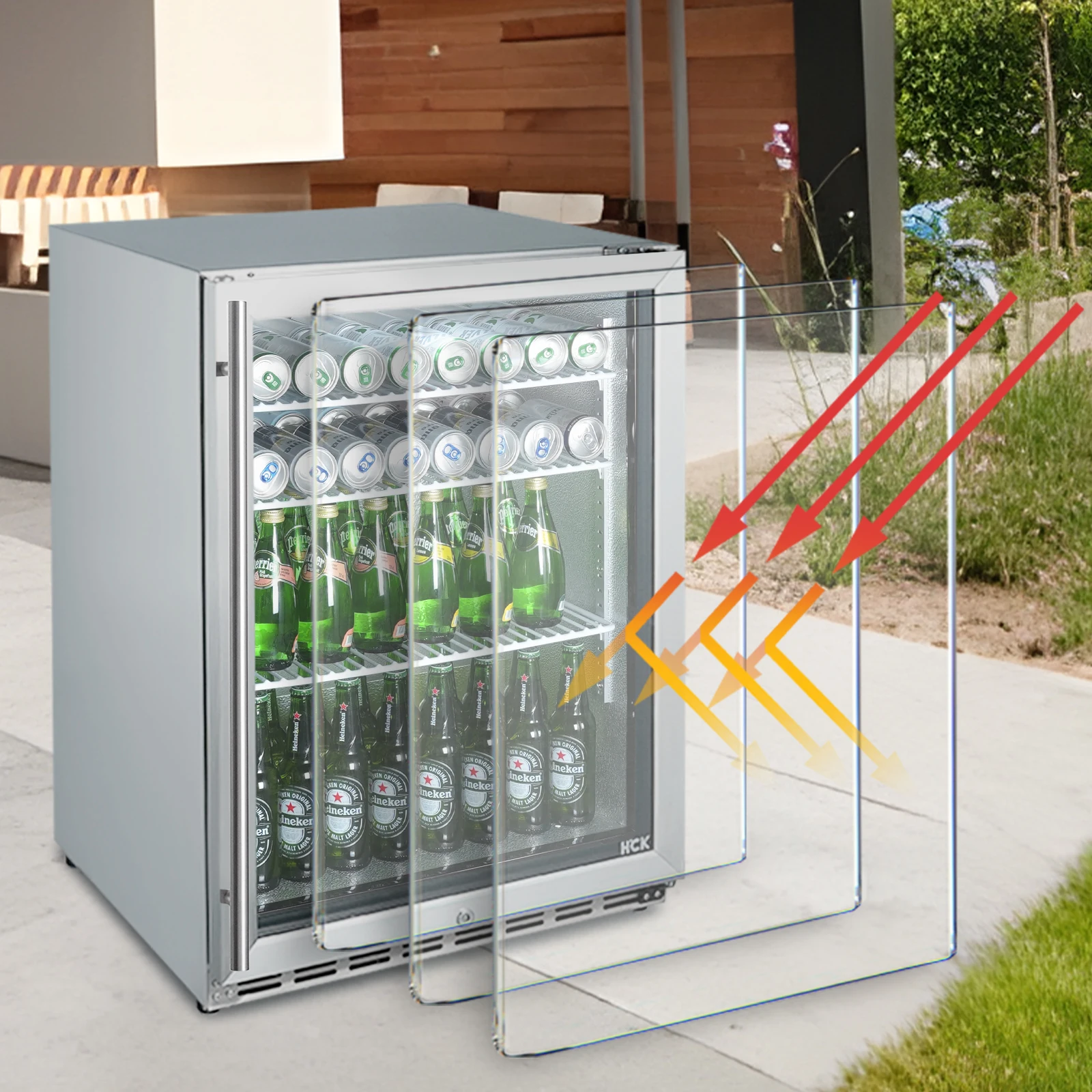 HCK 24 Inch Beverage Refrigerator, 180 Can Under Counter Fridge with Glass Door and Stainless Steel Body, Built-in or Freestandi